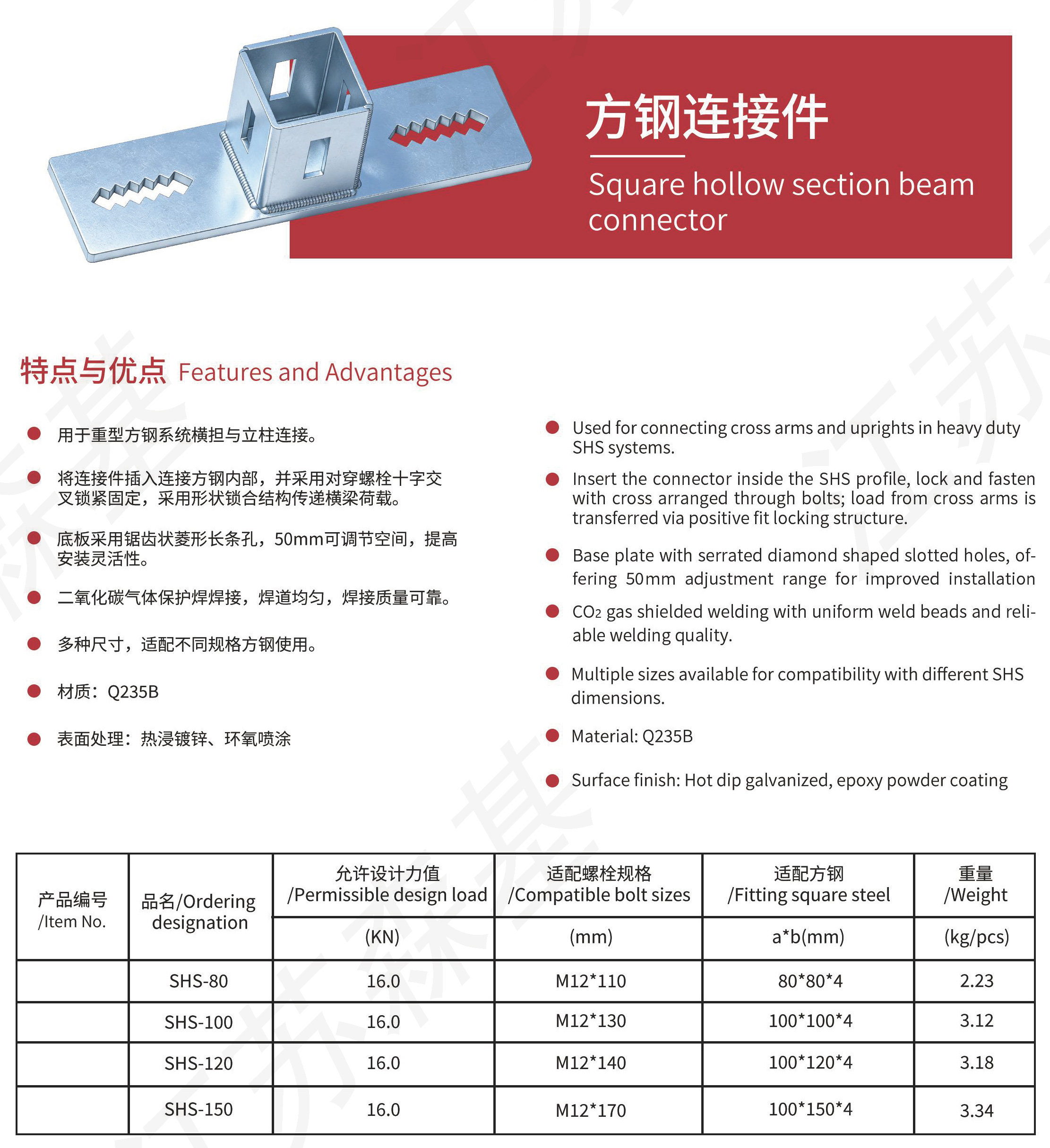 Square hollow section beam connector Square hollow section beam connector